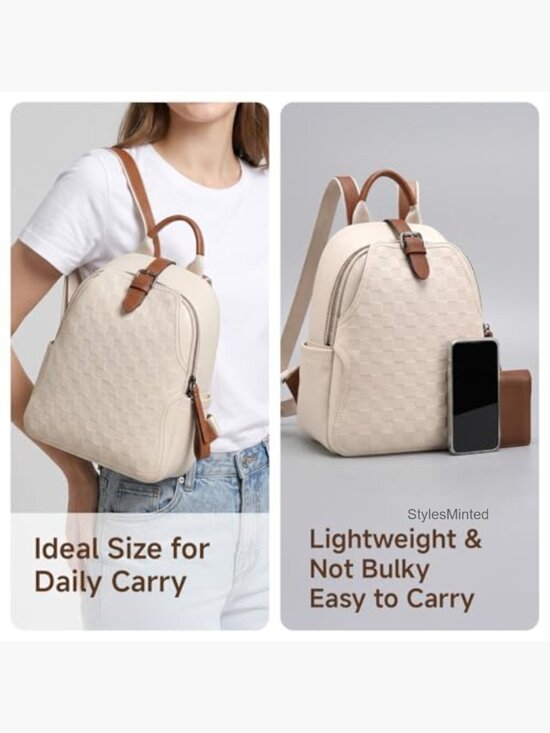Small Faux Leather Plaid Backpack Purse for Women Lightweight Travel Daypack